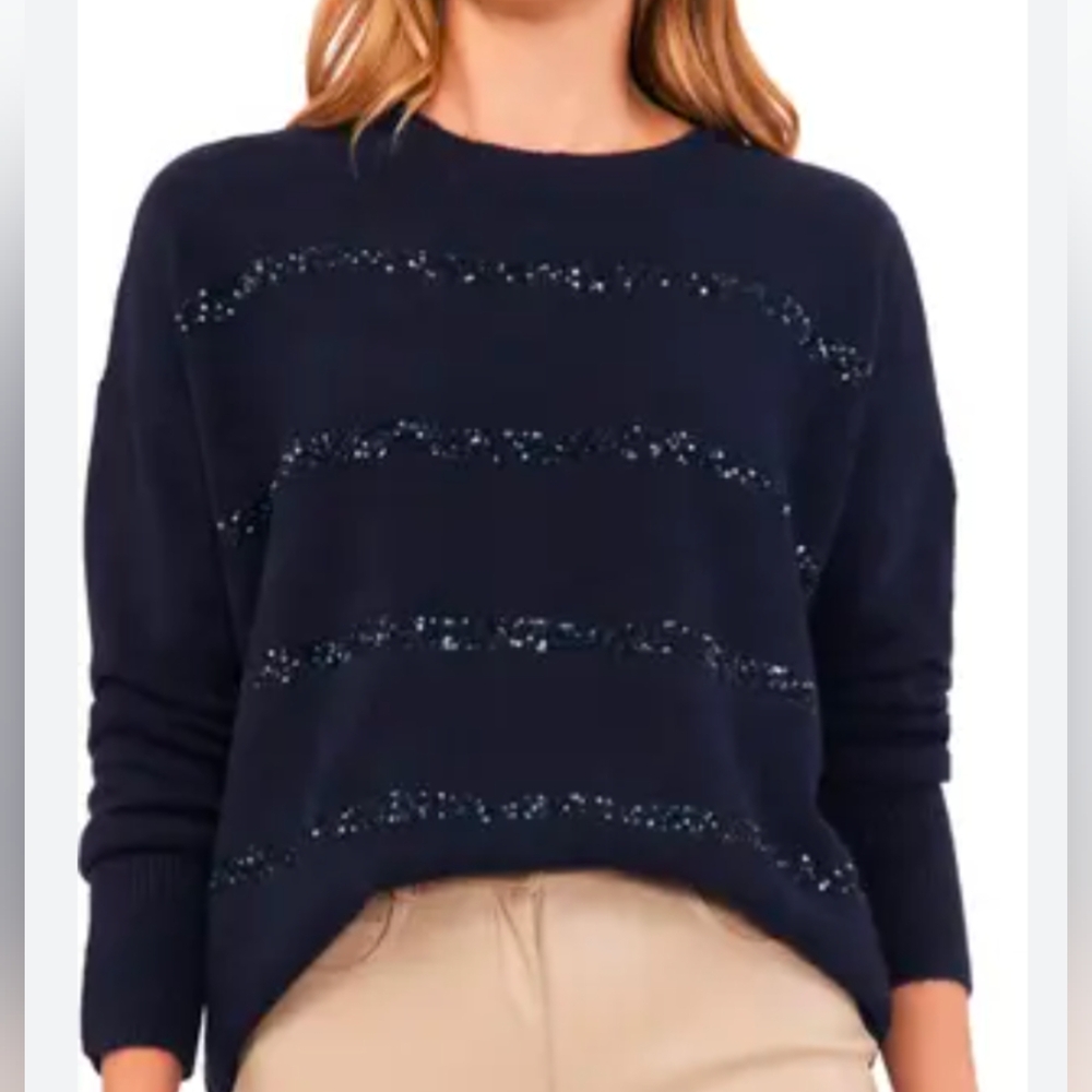 Vince Camuto Sweater Navy Blue Sequin Contrast Stripe Crewneck Sz Med *GUC